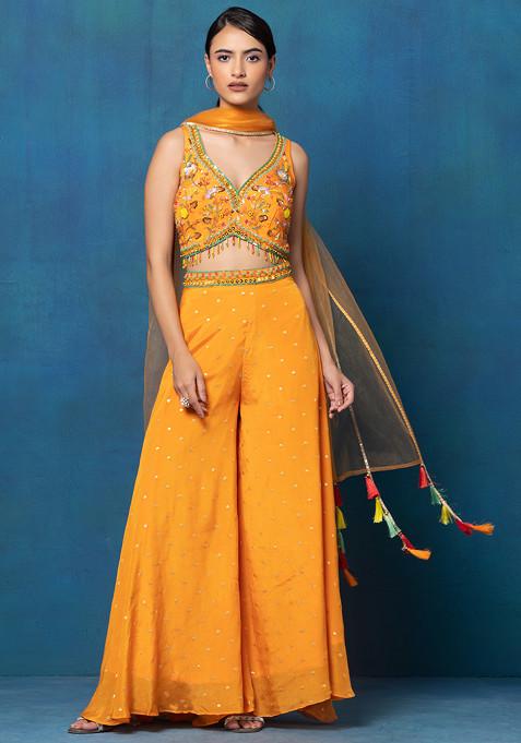 Orange Sharara Set With Floral Sequin Bead Hand Work Blouse And Dupatta