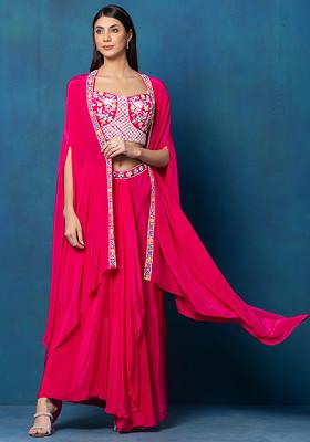 Hot Pink Jacket Set With Multicolour Sequin Bead Embellished Blouse And Skirt