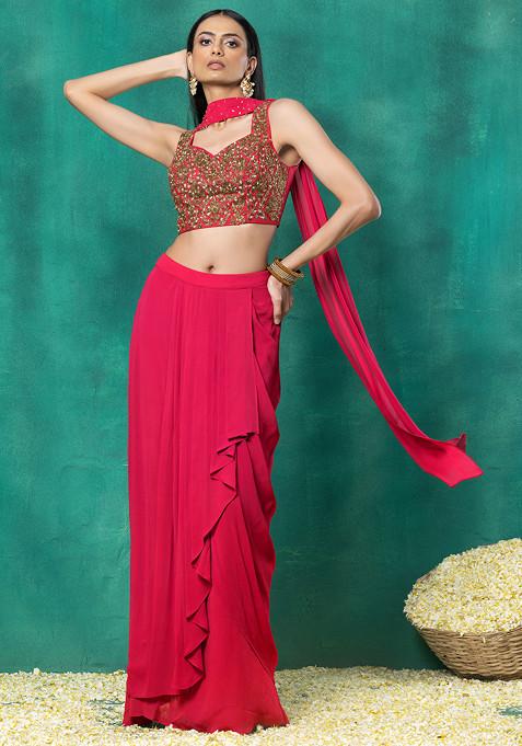 Hot Pink Draped Lehenga Set With Floral Hand Embroidered Blouse And Choker Dupatta