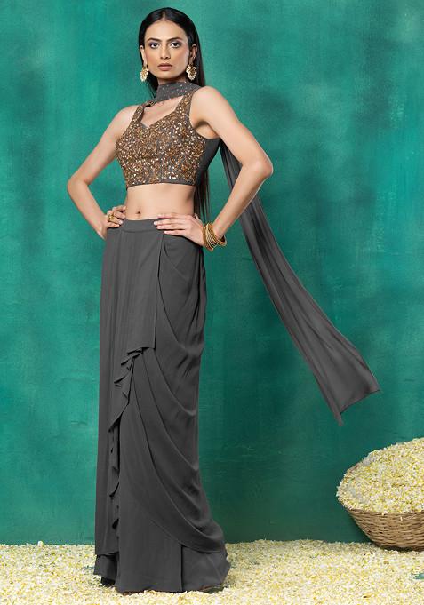 Charcoal Black Draped Lehenga Set With Floral Hand Embroidered Blouse And Choker Dupatta