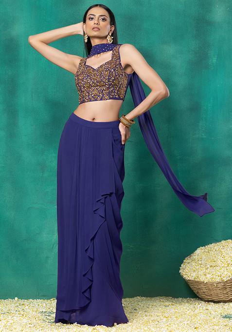 Indigo Blue Draped Lehenga Set With Floral Hand Embroidered Blouse And Choker Dupatta