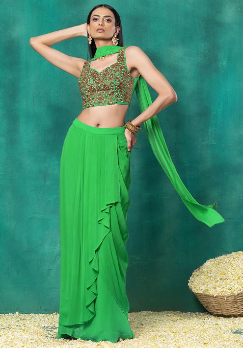 Green Draped Lehenga Set With Floral Hand Embroidered Blouse And Choker Dupatta