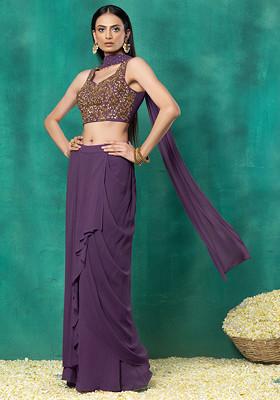 Mauve Draped Lehenga Set With Floral Hand Embroidered Blouse And Choker Dupatta