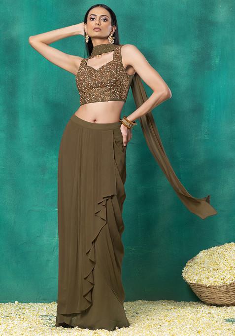 Copper Draped Lehenga Set With Floral Hand Embroidered Blouse And Choker Dupatta