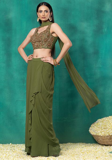 Olive Green Draped Lehenga Set With Floral Hand Embroidered Blouse And Choker Dupatta