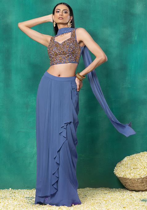Steel Blue Draped Lehenga Set With Floral Hand Embroidered Blouse And Choker Dupatta