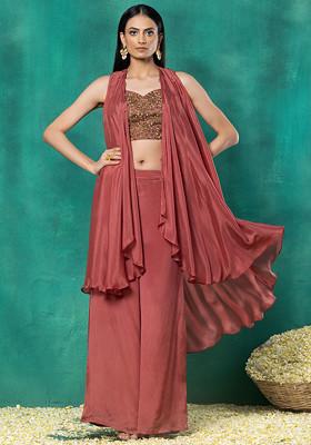 Rusty Rose Jacket Set With Floral Jaal Bead Hand Embroidered Blouse And Pants