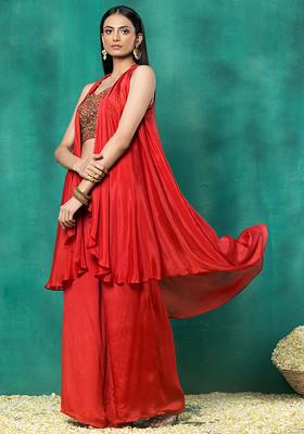 Orange Jacket Set With Floral Jaal Bead Hand Embroidered Blouse And Pants