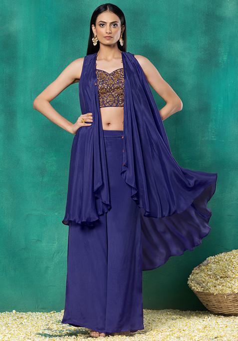 Indigo Blue Jacket Set With Floral Jaal Bead Hand Embroidered Blouse And Pants