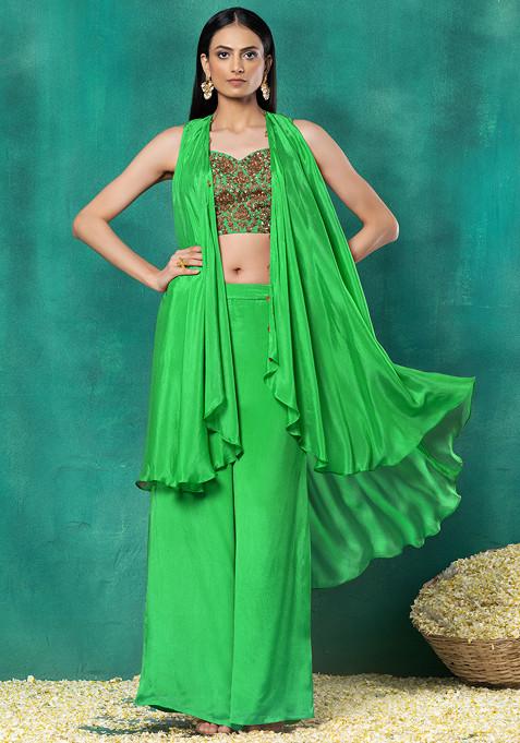 Green Jacket Set With Floral Jaal Bead Hand Embroidered Blouse And Pants