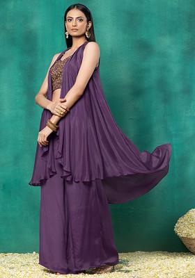 Mauve Jacket Set With Floral Jaal Bead Hand Embroidered Blouse And Pants