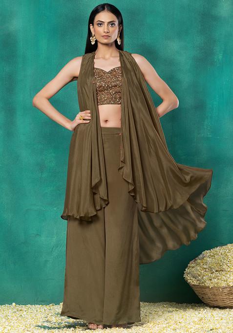 Copper Jacket Set With Floral Jaal Bead Hand Embroidered Blouse And Pants