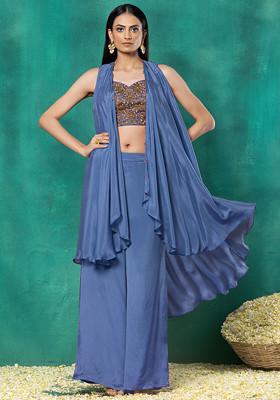 Steel Blue Jacket Set With Floral Jaal Bead Hand Embroidered Blouse And Pants