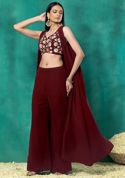 Maroon Jacket Set With Multicolour Thread Hand Embroidered Blouse And Pants