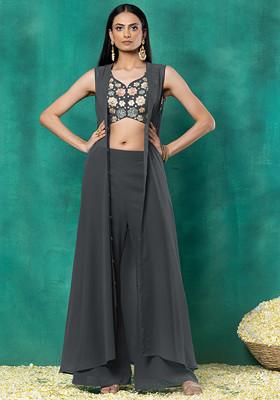 Grey Jacket Set With Multicolour Thread Hand Embroidered Blouse And Pants