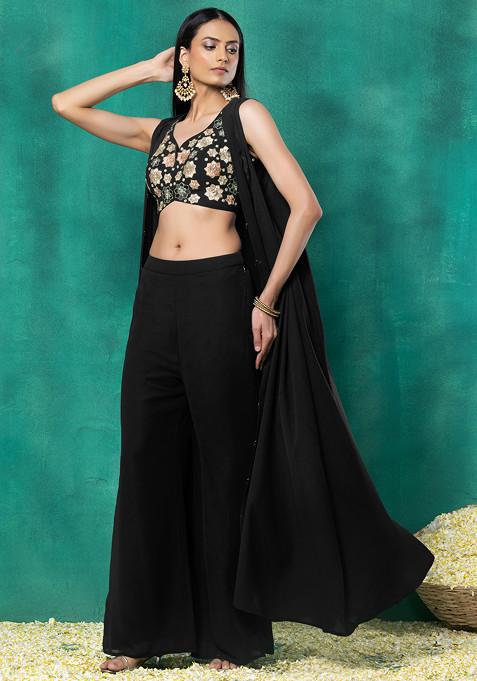 Black Jacket Set With Multicolour Thread Hand Embroidered Blouse And Pants
