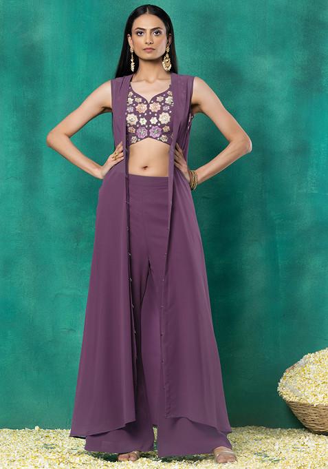 Mauve Jacket Set With Multicolour Thread Hand Embroidered Blouse And Pants
