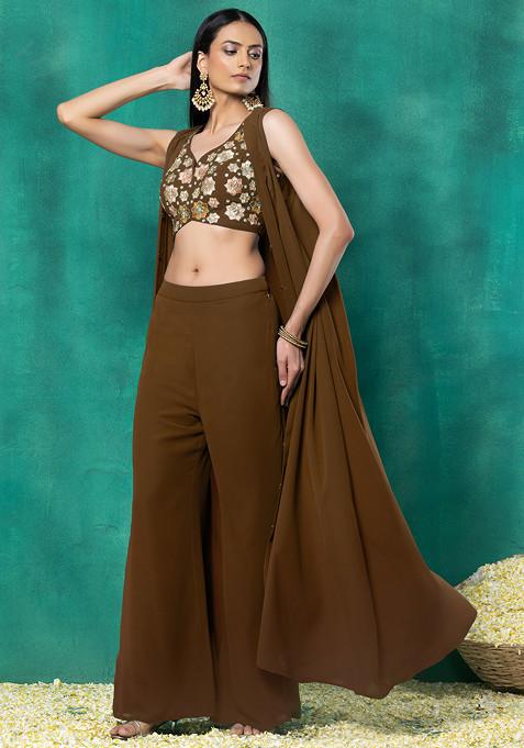 Brown Jacket Set With Multicolour Thread Hand Embroidered Blouse And Pants