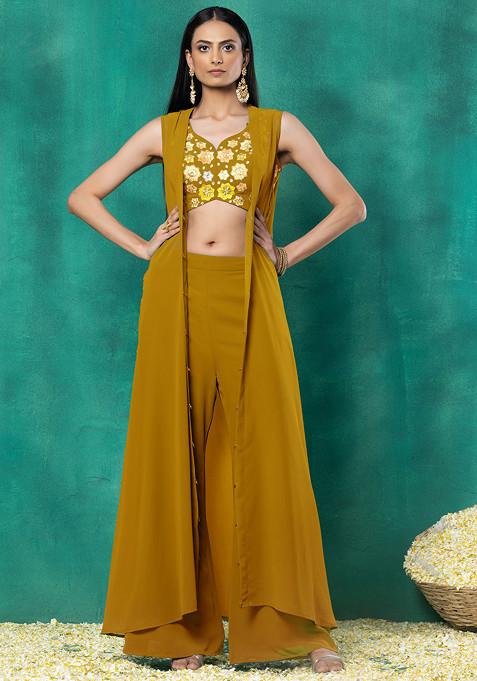 Mustard Jacket Set With Multicolour Thread Hand Embroidered Blouse And Pants