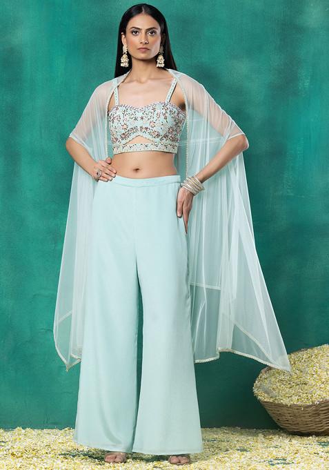 Seafoam Mesh Jacket Set With Sequin Pearl Hand Embroidered Blouse And Pants
