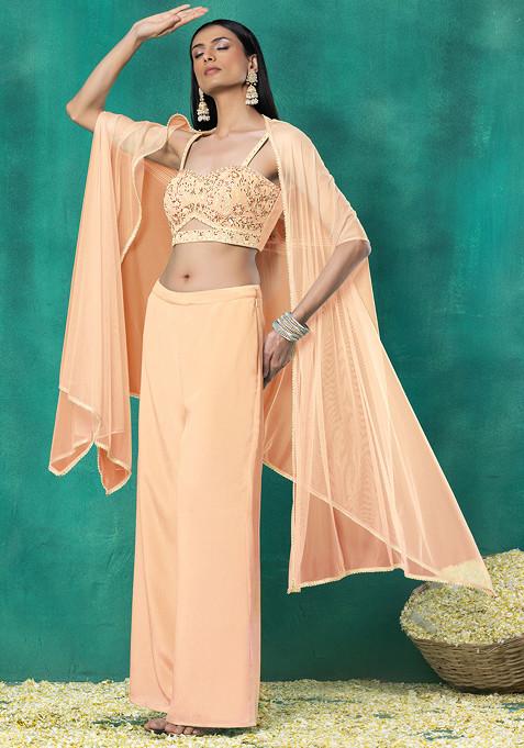 Peach Mesh Jacket Set With Sequin Pearl Hand Embroidered Blouse And Pants