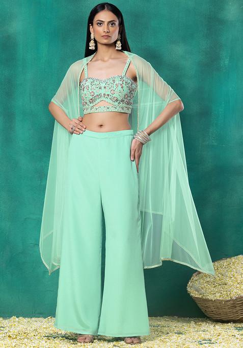Mint Green Mesh Jacket Set With Sequin Pearl Hand Embroidered Blouse And Pants
