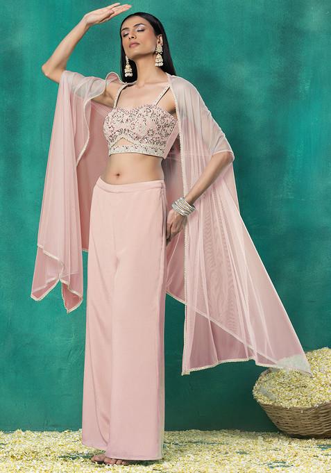 Light Pink Mesh Jacket Set With Sequin Pearl Hand Embroidered Blouse And Pants