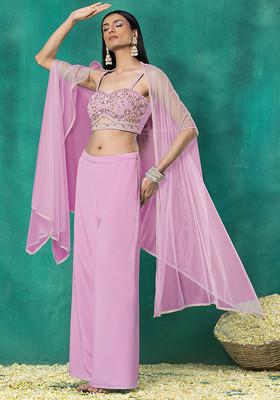 Blush Pink Mesh Jacket Set With Sequin Pearl Hand Embroidered Blouse And Pants