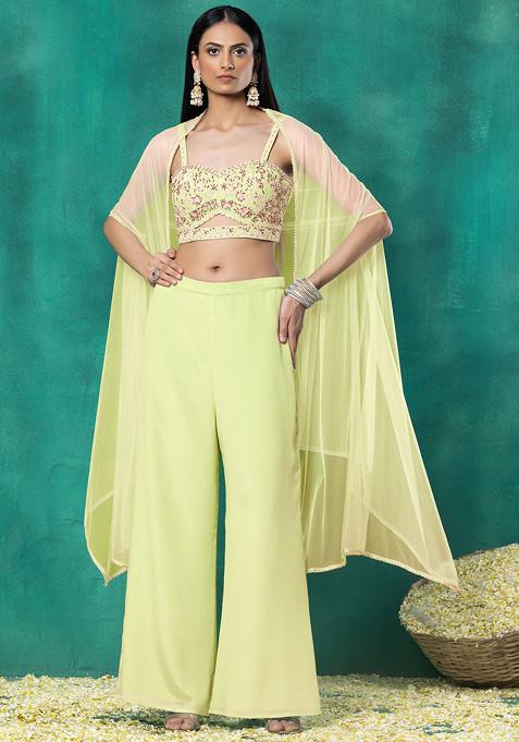 Light Green Mesh Jacket Set With Sequin Pearl Hand Embroidered Blouse And Pants