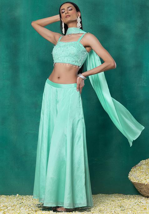 Mint Green Sharara Set With Sequin Pearl Hand Work Blouse And Choker Dupatta