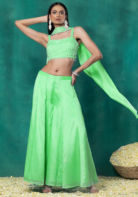 Green Sharara Set With Sequin Pearl Hand Work Blouse And Choker Dupatta