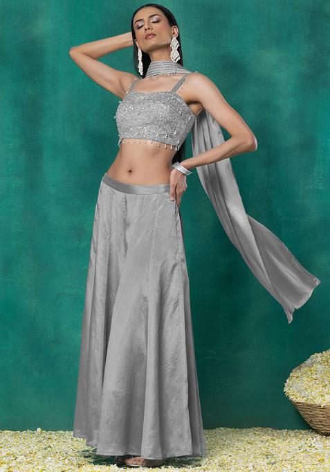 Light Grey Sharara Set With Sequin Pearl Hand Work Blouse And Choker Dupatta