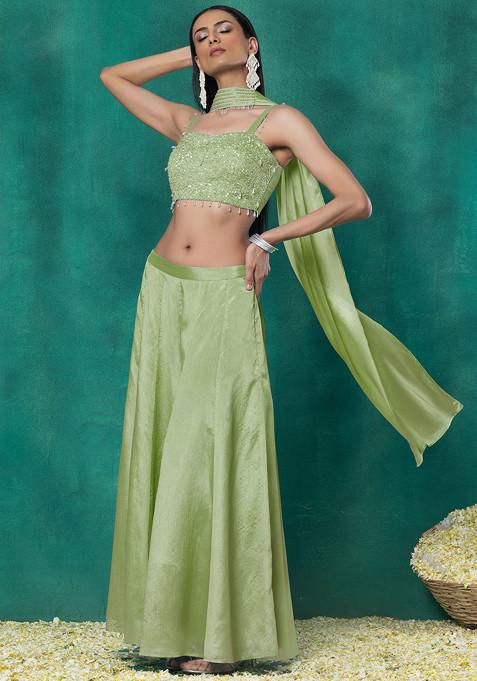Light Olive Sharara Set With Sequin Pearl Hand Work Blouse And Choker Dupatta