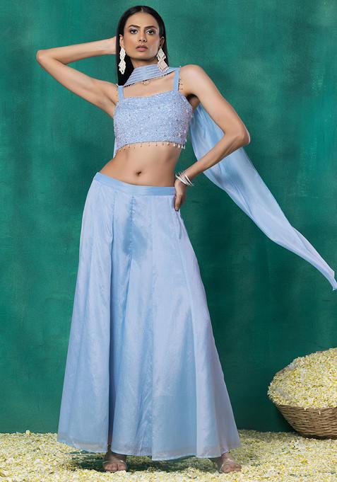Steel Blue Sharara Set With Sequin Pearl Hand Work Blouse And Choker Dupatta