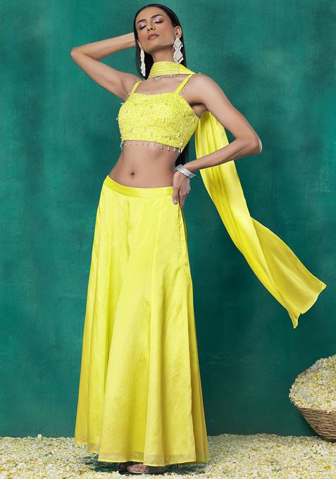 Yellow Sharara Set With Sequin Pearl Hand Work Blouse And Choker Dupatta