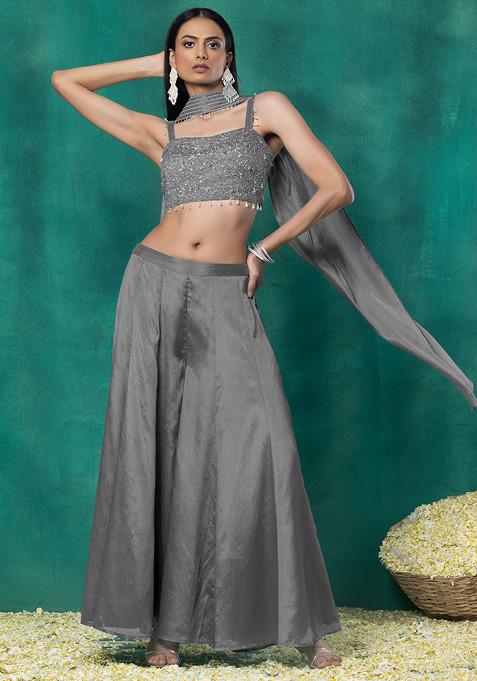 Grey Sharara Set With Sequin Pearl Hand Work Blouse And Choker Dupatta