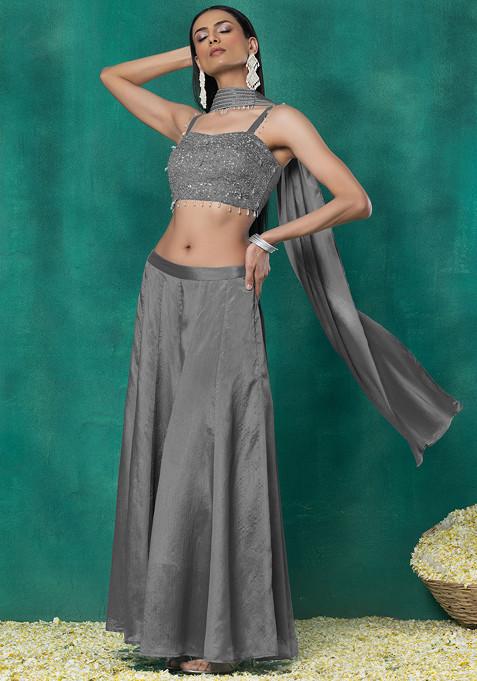 Buy Women Grey Sharara Set With Sequin Pearl Hand Work Blouse And ...