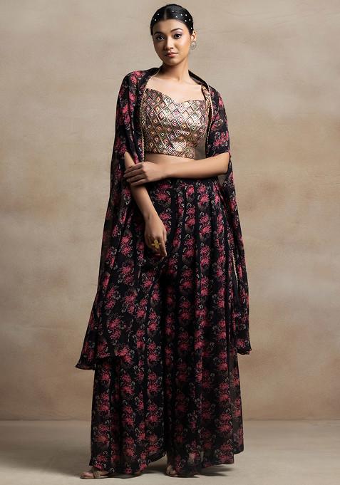 Black Floral Print Sharara Set With Sequin Embellished Blouse And Printed Jacket