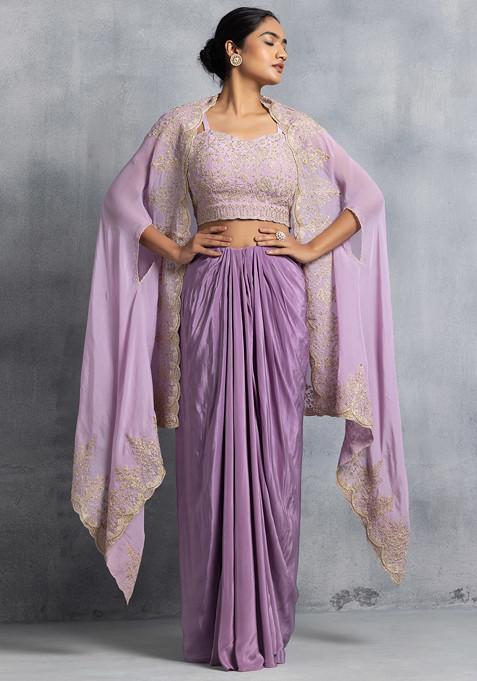 Lilac Pleated Skirt Set With Floral Thread Embroidered Blouse And Embroidered Cape