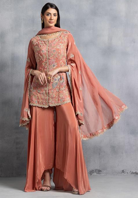 Peach Sharara Set With Floral Zari Bead Embroidered Short Kurta And Dupatta