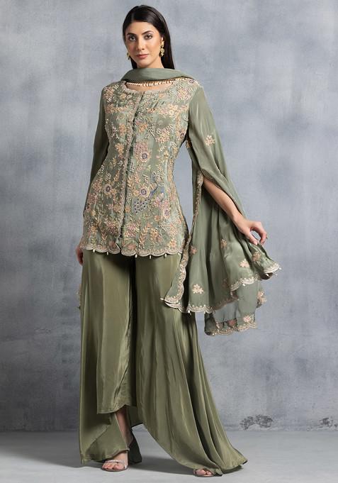 Green Sharara Set With Floral Zari Bead Embroidered Short Kurta And Dupatta