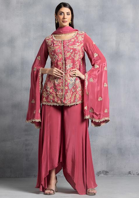 Pink Sharara Set With Floral Zari Bead Embroidered Short Kurta And Dupatta
