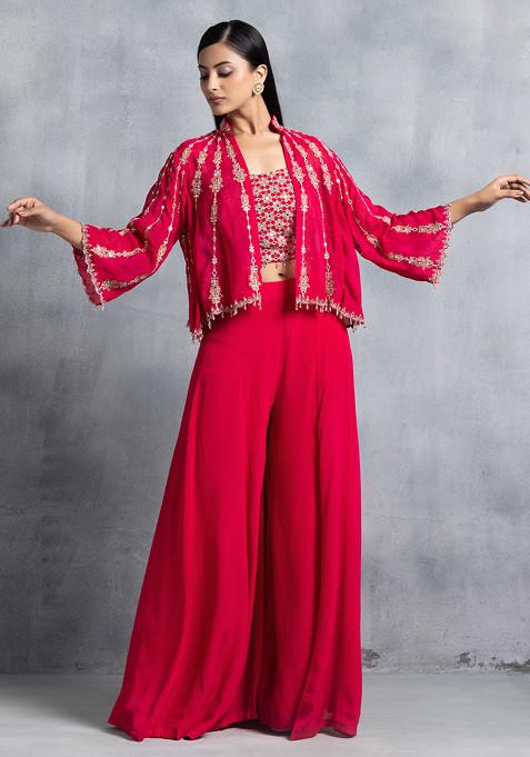 Rani Pink Sharara Set With Floral Zari Mirror Embellished Blouse And Jacket