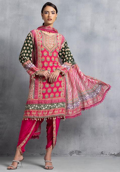 Pink Floral Print Lace Embellished Kurta Set With Tulip Pants And Dupatta