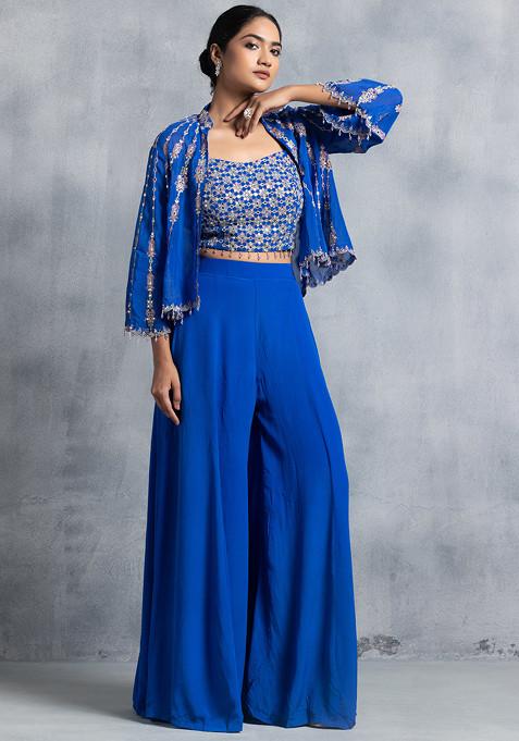 Blue Sharara Set With Floral Zari Mirror Embellished Blouse And Jacket
