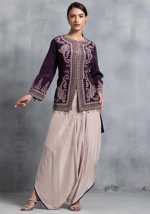 Purple Ethnic Print Embellished Short Kurta Set With Pathani Pants