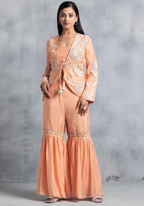 Peach Sharara Set With Blouse And Floral Zari Bead Embellished Jacket