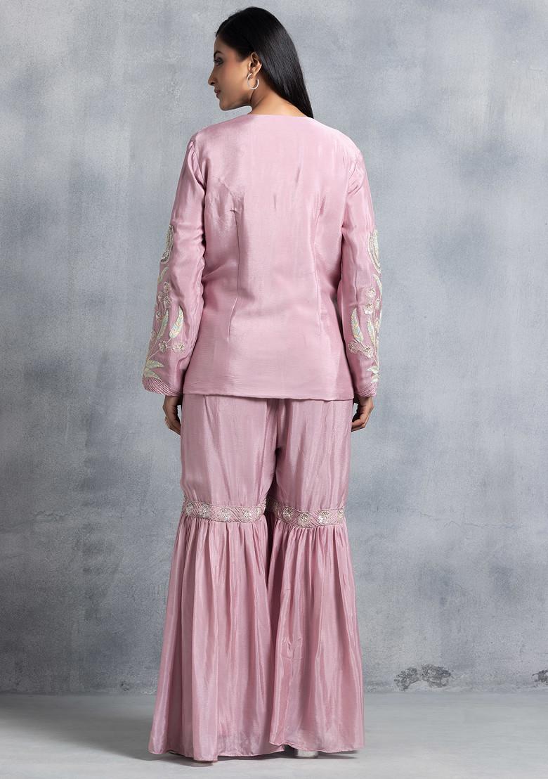 Lilac Sharara Set With Blouse And Floral Zari Bead Embellished Jacket - Indya