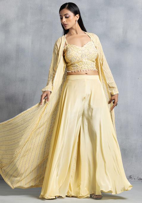 Yellow Sharara Set With Mirror Embroidered Blouse And Embroidered Jacket