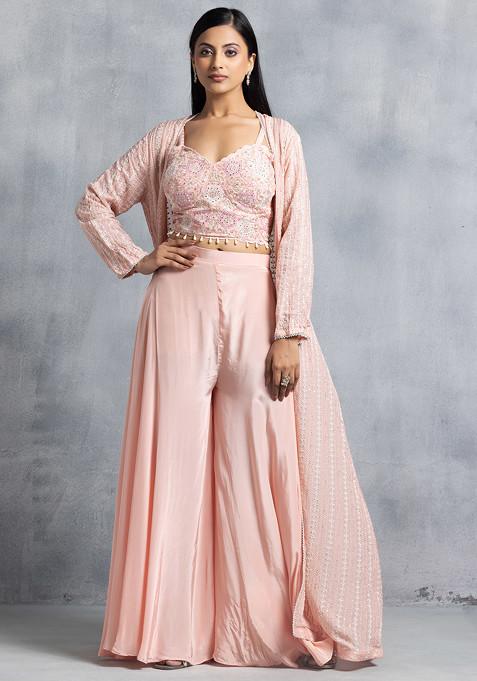 Light Pink Sharara Set With Mirror Embroidered Blouse And Embroidered Jacket